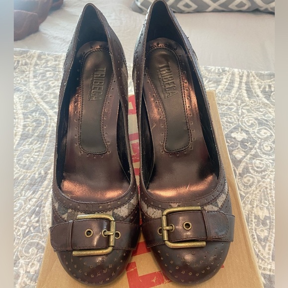 Tribeca by Kenneth Cole argyle chocolate brown heels with buckle size 10 LKC - Picture 1 of 7